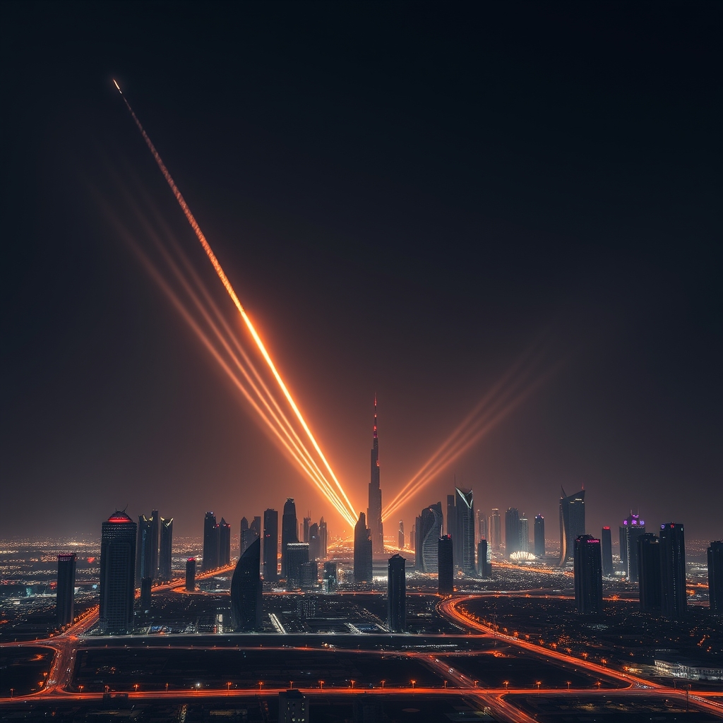 Ночной Дубай с Бурдж-Халифой — системы ПВО перехватывают ракеты и дроны Ирана
